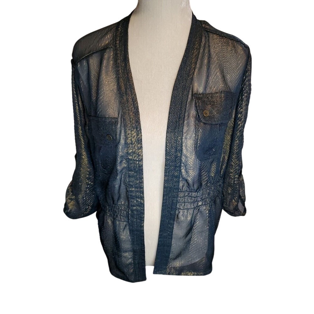NWT Chico's‎ Cardigan Open Front Metallic 3/4 Sleeve Peacock Utility US 8/10
